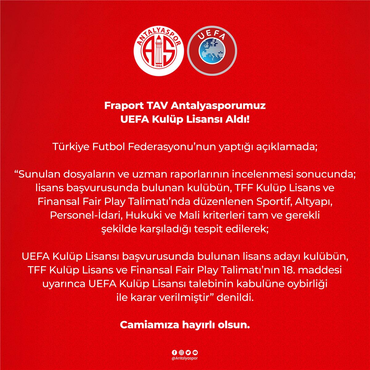 Fraport Antalyaspor'umuz UEFA Kulüp Lisansı Aldı