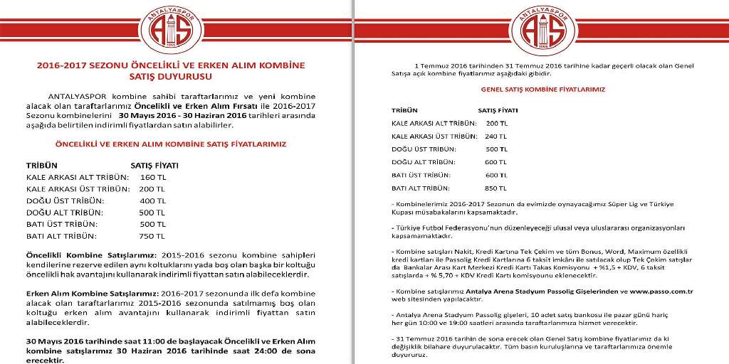 2016-2017  Öncelikli ve Erken Alım Kombine Satışları